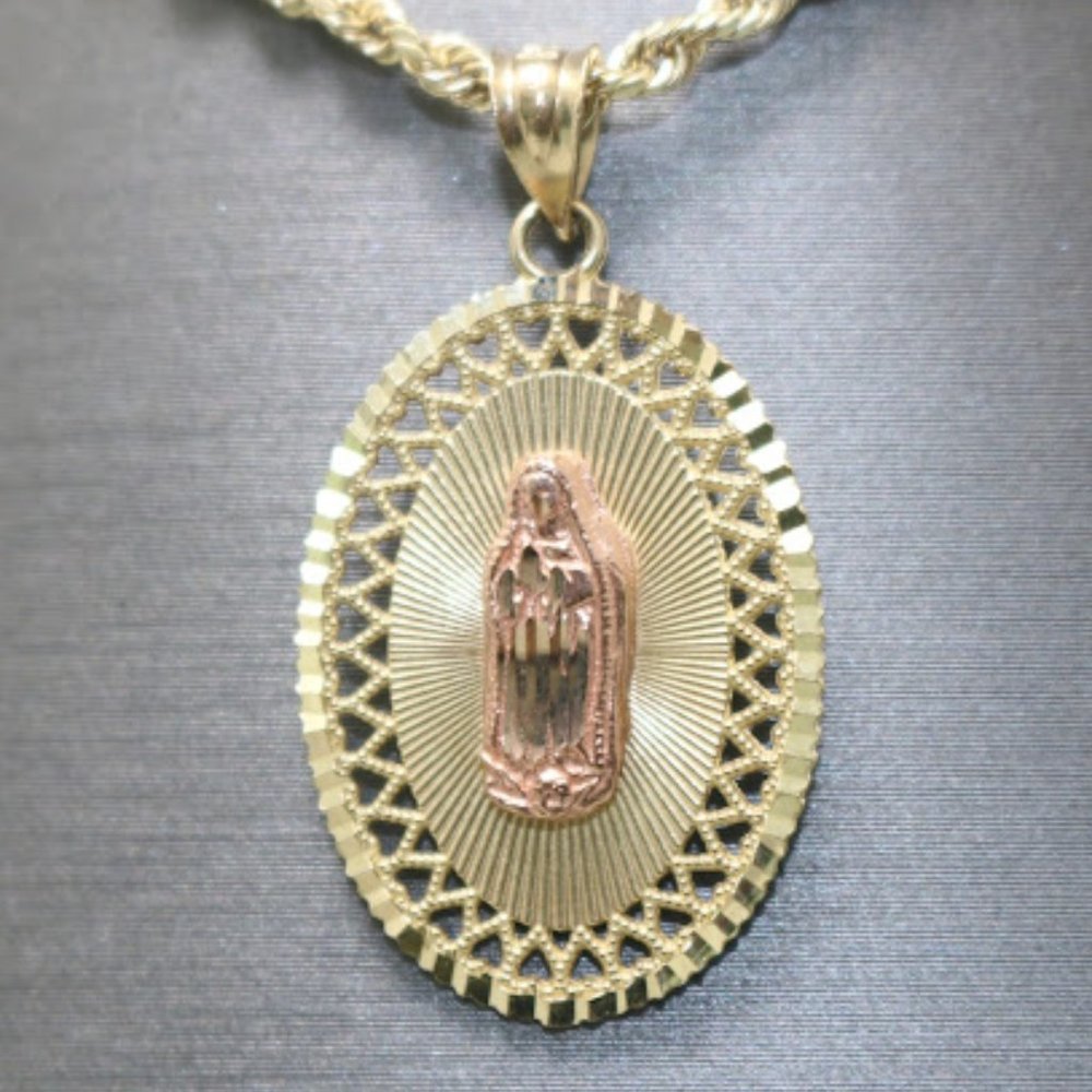 14kt Two-tone Virgin Mary Pendant with 14kt Yellow Gold Hollow Rope Chain